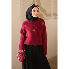 İmaj Butik Bordo Bisiklet Yaka Taşlı Angora Yumoş Triko Kazak