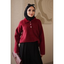 İmaj Butik Bordo Gömlek Yaka Angora Yumoş Triko Kazak