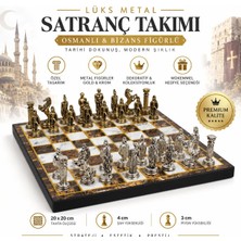 Elifeshop Lüks Metal Satranç Takımı Osmanlı Bizans Figürlü Krom Kehribar Mermer Desenli 20 x 20 Premium Hediye
