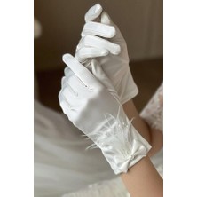 Hayalperest Boncuk Victor Incili Saten Gelin Eldiveni - Tüy ve Fiyonk Detaylı Lüks Nikah Eldiveni