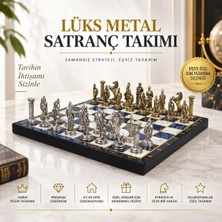 Elifeshop Lüks Metal Satranç Takımı Osmanlı Bizans Figürlü Krom Mavi Mermer Desenli 20X20 Premium Hediye Seti