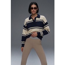 Soft & Basic Polo Yaka Triko Çizgili Comfort Kalıp Sweatshirt