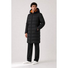 Erkek Uzun Puffer Mont - Parka, Rüzgar ve Su Geçirmez,turuncu Astarlı, Kapüşonlu, Kışlık Mont