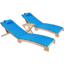 Ayrex Ahşap Katlanabilir Yatar Şezlong Plaj Yatağı Minder Dahil 3 Lü Set (Naturel - Turkuaz)
