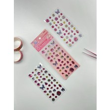 Ayrex Holografik Çiçek ve Kelebek Pembe Paket Tek Yaprak 42 Adet Taş Sticker Seti/etiket/çıkart
