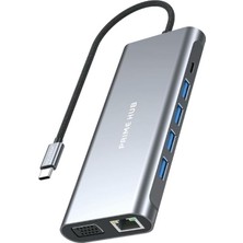 11 In 1 Usc-C Hub Çoğaltıcı, Hızlı Veri Aktarımı, 4x USB Girişi, 1x Type-C, 1x Ethernet, 1x 3.5 mm Jack, 4K HDMI ve Tf/sd Kart Girişi, Alüminyum Kasa,