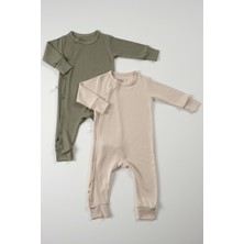Tiny Lamb 2 Parça Zeze Unisex  Organik Pamuk Bebek ve Çocuk Tulumu Haki - Krem Renkli Truvakar Kol Seti