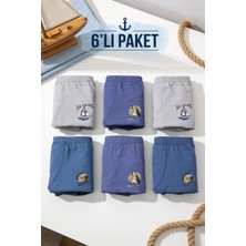 Belinoplus Penye Likralı Erkek Çocuk Boxer 6'lı Paket Mini Sailor Desenli Normal Paça İndigo Renk