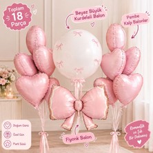 Pembe Fiyonk Balon Seti – 18 Parça Kalp ve Kurdele Temalı Parti Süsü