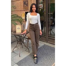 Swana Kadın Kesik Paça Kemer Dahil Ful Likralı Jean Pantolon- Kahverengi