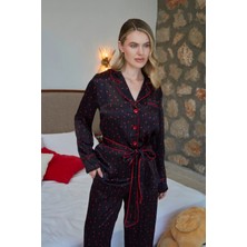 Aqua Uzun Kol Önden Düğmeli Kuşak Detay Pijama Takımı Cossybyaqua 27013
