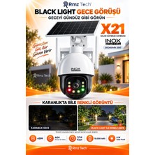 RMZTECH Inox X21 Solar Esım Güvenlik Kamerası Black Light Renkli Gece Görüşü Aov 7/24 Kayıt 10000 Mah 8W Pan