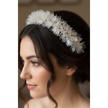 Hayalperest Boncuk Gelin Tacı Beyaz Şeffaf Çiçekli Kristal Taşlı Kına Nişan Nikah Saç Aksesuarı