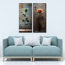 Tilki Dünyası 2'li Vintage Gül Temalı Kanvas Tablo Seti - Rustic Duvar Dekoru (30X70 cm x 2 Parça)