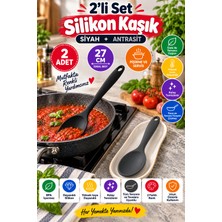Open City 2'li Set Siyah Antrasit Büyük Boy Silikon Kaşık 27 cm Mutfak Yemek Pişirme ve Servis Kaşığı 2 Renkli