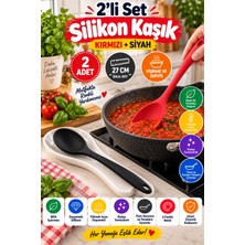 Open City 2'li Set Kırmızı Siyah Büyük Boy Silikon Kaşık 27 cm Mutfak Yemek Pişirme ve Servis Kaşığı 2 Adetlik