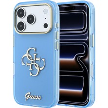 iPhone 18 Pro Max Kılıf Guess Orjinal Lisanslı Yazı ve 4g Büyük Metal Logolu Silikon Kapak Açık Mavi