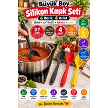 Open City 4'lü Set Siyah Antrasit Kırmızı Sarı, Büyük Boy Silikon Kaşık 27 Cm, Yemek Pişirme ve Servis Kaşığı.