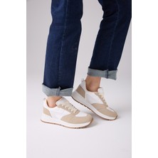 Vella Bej Kadın Bağcıklı Günlük Spor Ayakkabı Casual Kaymaz Rahat Taban Gold Simli Hafif Sneaker