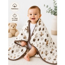 Miniworld Pamuklu Çift Kat Yumuşak Kumaş Günlük Kullanıma Uygun Kahverengi Kaktüs Desenli Empirme Unisex Yenidoğan Bebek Battaniyesi 0-1 Yaş