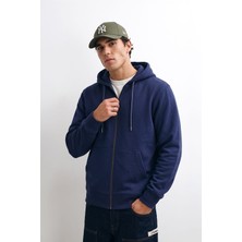 Erkek Fermuarlı Kapüşonlu Cepli Indigo Sweatshirt