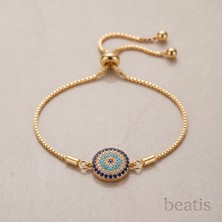 Beatis Gold Renk Nazar Boncuğu Zirkon Taşlı Ayarlanabilir Kadın Bileklik