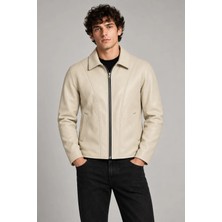 Maisonrae Erkek Krem, Regular Fit, Fermuarlı, Içi Kürklü, Suni Deri Ceket