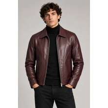 Maisonrae Erkek Bordo, Regular Fit, Fermuarlı, Içi Kürklü, Suni Deri Ceket