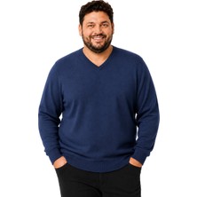 Battal Moda Erkek Büyük Beden Indigo V Yaka Pamuklu Kazak 3xl-4xl-5xl-6xl
