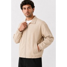 Maisonrae Erkek Bej Premium, Gabardin, Fermuarlı Polo Yaka, Oversize, Mevsimlik Günlük Ceket