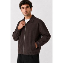 Maisonrae Erkek Kahverengi Premium, Gabardin, Fermuarlı Polo Yaka, Oversize, Mevsimlik Günlük Ceket