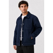 Maisonrae Erkek Lacivert Premium, Gabardin, Kontrast Dikişli Çıtçıtlı Oversize ,mevsimlik Ceket