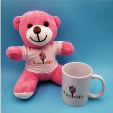Yenilig 4 Adet Happy Birthday Pembe Ayıcık ve Porselen Kupa Seti – Doğum Günü Hediyesi, Baskılı Tişört, 25 cm Ayı, Teddy Bear Mug