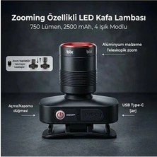 TeknoKapsül BXT1FL 10W Şarj Edilebilir Kafa Feneri 750 Lümen 2500MAH 4 Işık Modlu Zoom Özellikli LED Kafa