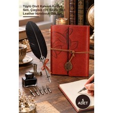 Yenilig 5 Adet Kırmızı Deri Hatıra Defteri – Tüylü Divit Kalemli Hediye Seti, Çizgisiz 176 Sayfa, Red Leather Notebook Gift Set
