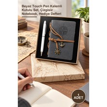 Yenilig 1 Adet Gri Deri Defter – Beyaz Touch Pen Kalemli Kutulu Set, Çizgisiz Notebook, Hediye Defteri