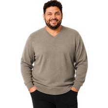 Battal Moda Erkek Büyük Beden Vizon V Yaka Pamuklu Kazak 3xl-4xl-5xl-6xl
