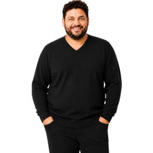 Battal Moda Erkek Büyük Beden Siyah V Yaka Pamuklu Kazak 3xl-4xl-5xl-6xl