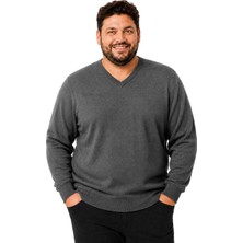Battal Moda Erkek Büyük Beden Füme V Yaka Pamuklu Kazak 3xl-4xl-5xl-6xl
