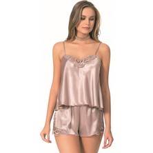 Aria's Closet Şık Tasarım Yumuşak Dokulu Dantel Işlemeli Vizon Saten Babydoll Şort Takımı