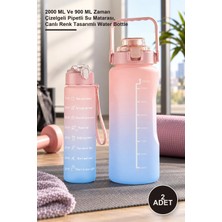 Yenilig 2 Adet Motivasyonel Suluk Seti – 2000 ml ve 900 ml Zaman Çizelgeli Pipetli Su Matarası, Canlı Renk Tasarımlı Water Bottle
