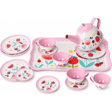 Happy Trend 15 Parça Çiçek Desenli Metal Çay Seti, Çocuklar Için Tepsili Evcilik ve Çay Saati Oyun Seti 3+ Yaş ATF-998A-998B (Pembe)