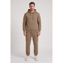 Machi Makiteks Kahve Erkek 3 Iplik Şardonlu Asimetrik Kesik Cepli Kapüşonlu Paçası Lastikli Eşofman Takımı - Sweatshirt ve Eşofman Altı Ikili Takım