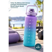 Yenilig 2 Adet Motivasyon Suluk Seti – Tritan Su Matara Seti Zaman Çizelgeli Pipetli/pipetsiz Renkli Water Bottle