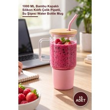 Yenilig 10 Adet Cam Matara Kupa – 1000 ml Bambu Kapaklı Silikon Kılıflı Çelik Pipetli, Su Şişesi Water Bottle Mug