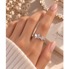 Ayen Accessories Kadın Gümüş Renk Kelebek Figürlü Zirkon Taşlı Ayarlanabilir Yüzük – Zarif Tasarım