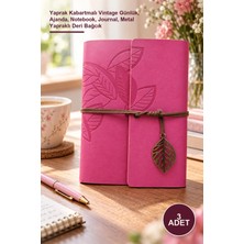 Yenilig 3 Adet Büyük Boy Yaprak Desenli Pembe Suni Deri Not Defteri – Yaprak Kabartmalı Vintage Günlük, Ajanda, Notebook, Journal, Metal Yapraklı Deri Bağcık