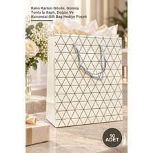 Yenilig 10 Adet Beyaz Geometrik Desenli Büyük Boy Karton Hediye Çantası – Kalın Karton Gövde, Gümüş Tonlu Ip Saplı, Düğün ve Kurumsal Gift Bag Hediye Poşeti
