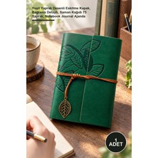 Yenilig 1 Adet Deri Defter – Yeşil Yaprak Desenli Eskitme Kapak, Bağlama Detaylı, Saman Kağıdı 75 Yaprak, Notebook Journal Ajanda