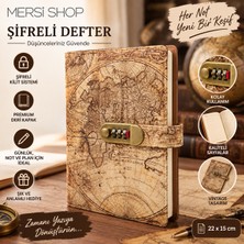 Mersi Shop Şifreli Vintage Dünya Haritası Desenli Defter 22X15 cm Kilitli Günlük ve Not Defteri